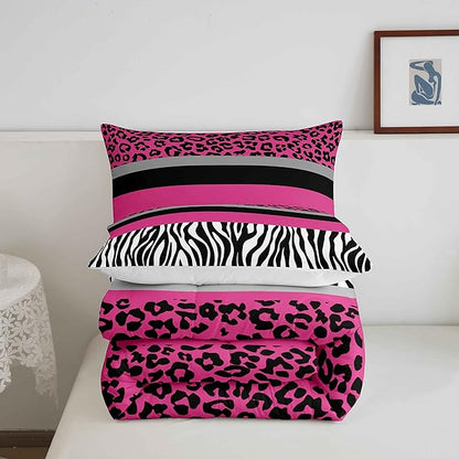Zebra Stripes Comforter Leopard Print Comforter Set For Kids Boys Girls Pink Black White Zebra Leopard Fur Bedding Set Ultra Soft Decor Wild Animal Skin Texture Pattern Duvet Set King Size Quilt Set