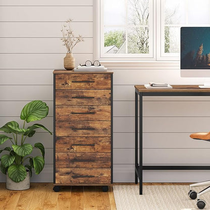 HOOBRO 7-Drawer Chest, File Cabinet, Wooden File Cabinet, Office Cabinet with Drawers, Storage Cabinet, for Home Office, Study, Easy Assembly, Rustic Brown and Black BF07WJ01