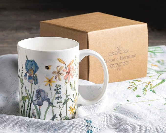 Maison d' Hermine Coffee Mug with Handles Tea Cups (12 Ounce, Pack of 1) | Fine Bone China Coffee Mugs for Hot Beverages Cappuccino Latte Home Restaurant Hotel Spring Summer -Fleurs De Mai - Floral