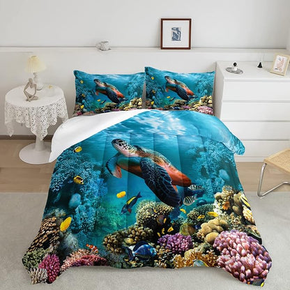 CVHOUSE Sea Turtle Bedding Set,Sea Turtle Comforter Twin,Ocean Beach Comforter Set for Boys Kids Girls,Ocean Quilt Set with 1 Comforter and 2 Pillow Cases