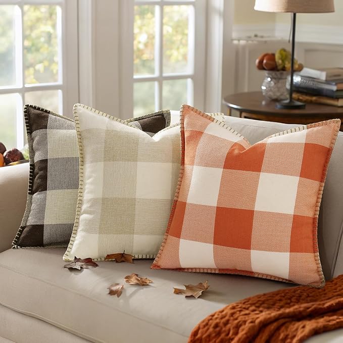 decorUhome Buffalo Plaid Check Fall Throw Pillow Covers 16x16 Set of 2, Outdoor Decorative Farmhouse Pillow Covers with Stitched Edge for Bed Couch Sofa, Cream White and Beige
