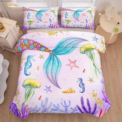 NINENINE Girls Mermaid Bedding Set,Mermaid Tail Comforter Set,Twin Size Bedding Sets for Girls,Princess Toddler Bedding Sets for Girls with 1 Comforter 1 Pillowcase…
