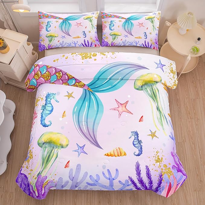 NINENINE Mermaid Tail Bedding Sets Mermaid Comforter Set,Full Size Bedding Sets for Girls,Princess Comforter Toddler Bedding Sets for Girls with 1 Comforter 2Pillowcases