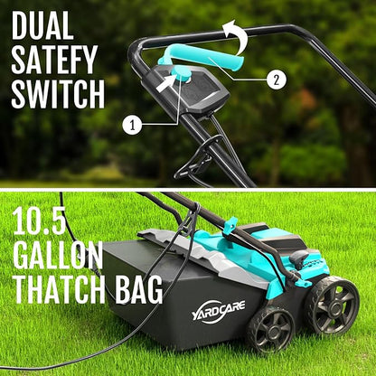 14-Inch Lawn Scarifier and Dethatcher, Powerful 13-Amp Electric Tool with 10.5 Gal Collection Bag, Adjustable Depth Settings & Safety Lock System