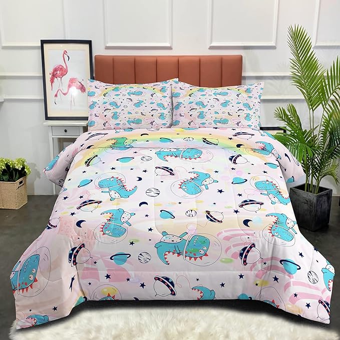 NINENINE Pink Dinosaur Bedding Set Colorful Rainbow Castle UFO Space Theme Comforter Set,Full Size Kids Bedding Sets for Boys Girls, Little Dinosaur Comforter Set with 1 Comforter 2 Pillowcases