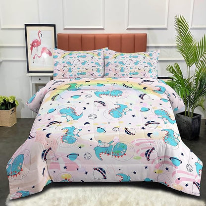 NINENINE Pink Dinosaur Bedding Set Colorful Rainbow Castle UFO Space Theme Comforter Set,Full Size Kids Bedding Sets for Boys Girls, Little Dinosaur Comforter Set with 1 Comforter 2 Pillowcases