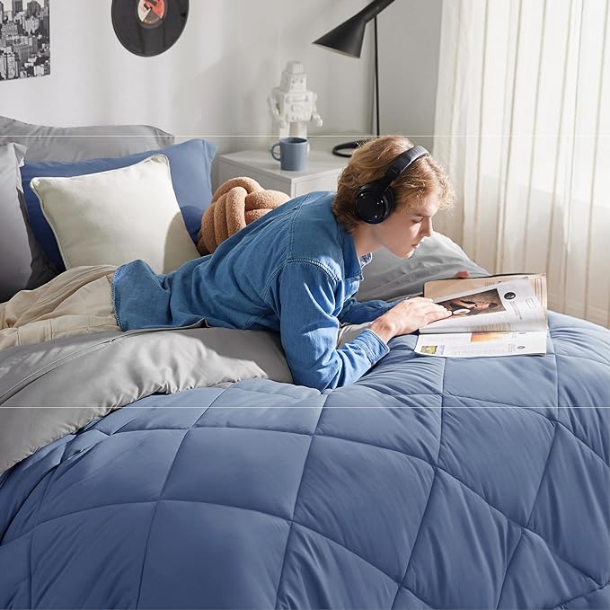 Bedsure Infinity Blue Twin Comforter Set - 5 Pieces Reversible Twin Bed in a Bag, Extra Long Twin Bed Set Infinity Blue and Grey with Comforters, Sheets, Pillowcase & Sham