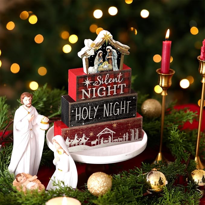 Moucuny 4 Pcs Christmas Table Decor Wooden Christian Religious Decoration Nativity Scene Centerpiece Holy Night Tiered Tray Decor Red and Black Buffalo Plaid Block Signs Xmas Decoration for Kitchen