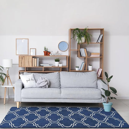 Chicrug Shag Geometric Modern Runner Rug for Bedroom, 2x6 Feet Memory Foam Indoor Hallway Runner Carpet, Fluffy Rug for Living Room Bedside Room Decor for Family, Navy/White