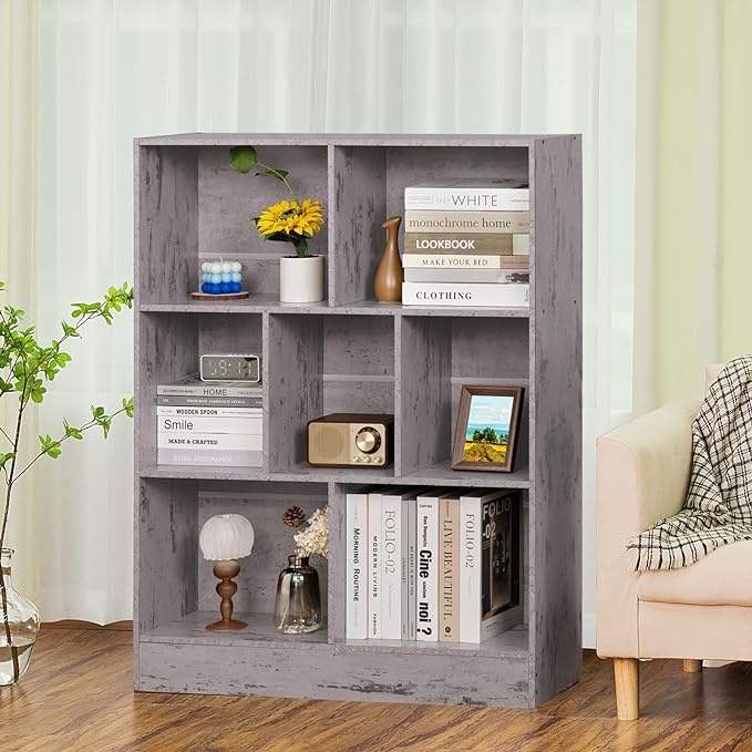 LEYAOYAO 7 Cube Bookshelf with Base,3 Tier Mid-Century Modern Grey Bookcase,Standing Wide Bookshelves Storage Organizer Shelf,Rustic Wood Display Cabinet Book Shelves for Bedroom,Living Room,Office