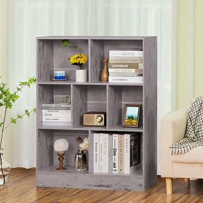 LEYAOYAO 7 Cube Bookshelf with Base,3 Tier Mid-Century Modern Grey Bookcase,Standing Wide Bookshelves Storage Organizer Shelf,Rustic Wood Display Cabinet Book Shelves for Bedroom,Living Room,Office