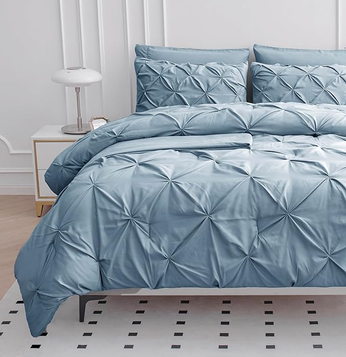 Lane Linen California King Comforter Set, 7 Piece Cal King Bed in a Bag, Pintuck Cal King Bedding Set, Soft Cali King Bed Set, Cal King Bed Comforter Set with Sheets, Pillowcases & Shams - French Blue