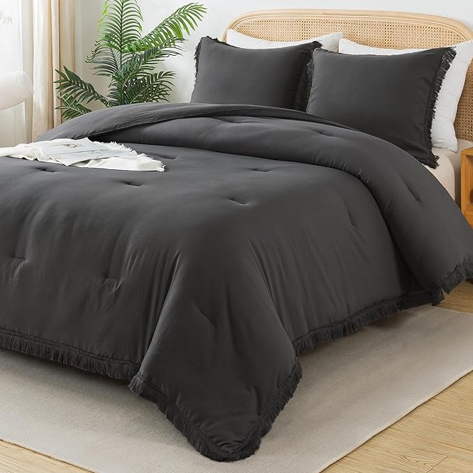 Andency Queen Comforter Set Dark Grey, 3 Pieces Boho Tassel Lightweight Bedding Comforter Sets, Winter Soft Fluffy Fringe Bed Set (90x90In Comforter & 2 Pillowcases)