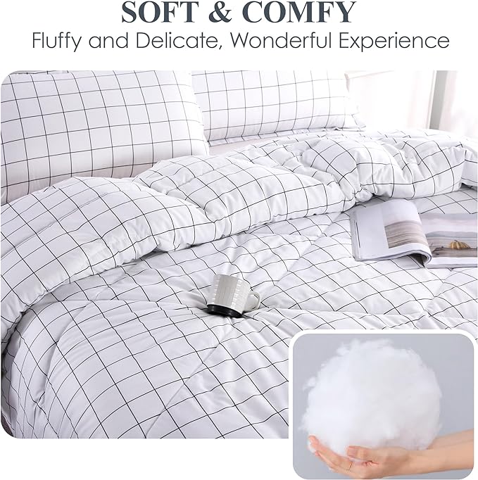 Andency White Grid Comforter Set King Size (104x90 Inch), 3 Pieces(1 Grid Comforter and 2 Pillowcases), Summer Lightweight Microfiber Down Alternative White Comforter with Black Lines