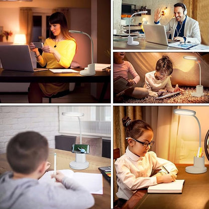 GOLSPARK Battery Operated Desk Lamp LED Rechargeable 4500mAh White LED Desk Lamps Dimmable, Touch Control 360°Flexible Dorm Reading Lamp for Students-3 Color Modes with Pen Holder Phone Stand