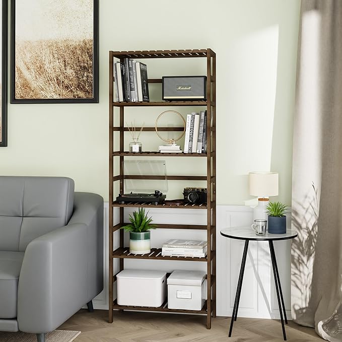 Bookcase, Bamboo Bookshelf, 6-Tier Adjustable Tall Open Book Shelf, Free Standing Storage Shelves Organizer, Flower Plant Display Stand, Walnut