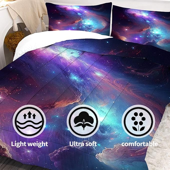 Purple Galaxy Bedding Set Full Size Outer Space Comforter Set for Girls Teens Kids Women Boys Starry Nebula Blue Glitter Quilt 1 Comforter + 2 Pillow Cases
