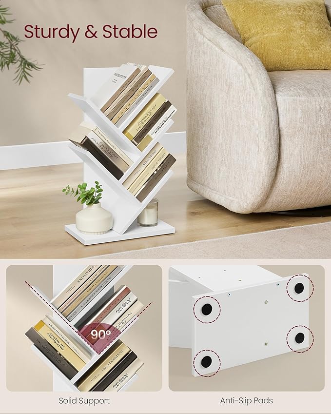 VASAGLE Tree Bookshelf, 5-Tier Bookcase, Small Bookshelf, Space-Saving Corner Shelf, Book Tree, Holds Books, CDs, Games, for Bedroom, Living Room, Home Office, Cloud White ULBC183T14