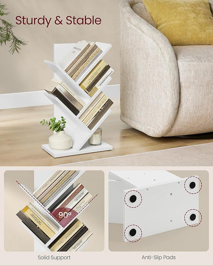 VASAGLE Tree Bookshelf, 5-Tier Bookcase, Small Bookshelf, Space-Saving Corner Shelf, Book Tree, Holds Books, CDs, Games, for Bedroom, Living Room, Home Office, Cloud White ULBC183T14