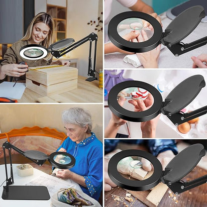 Magnifying Glass with Light and Stand, 5X&10X Lighted Magnifying Glass with Dust Cover, 3 Colors Stepless Dimming Magnifying Lamp with Night and 30Min Timer Mode for Reading Hobby Craft Close Work