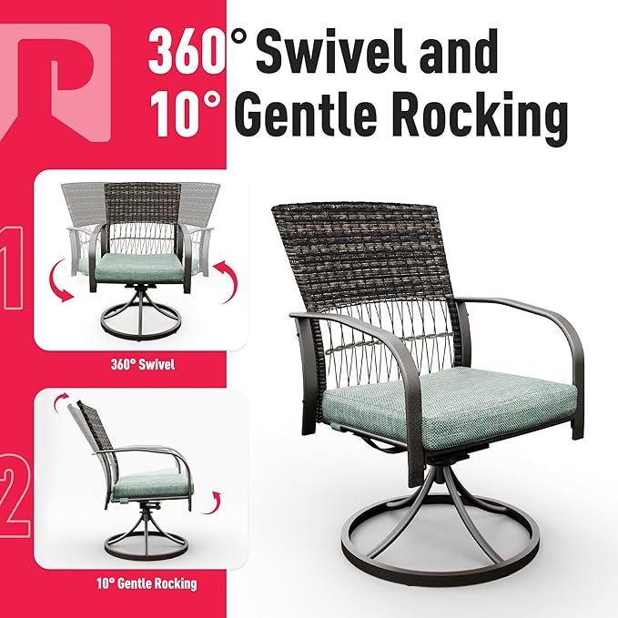Pamapic 5 Piece Patio Dining Set for 4,Outdoor Wicker Furniture Set for Backyard Garden Deck Poolside with 4 Cushions Swivel Rocker Chairs,Square Plastic-Wood Table Top, Removable Cushions(Green)