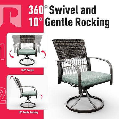 Pamapic 5 Piece Patio Dining Set for 4,Outdoor Wicker Furniture Set for Backyard Garden Deck Poolside with 4 Cushions Swivel Rocker Chairs,Square Plastic-Wood Table Top, Removable Cushions(Green)