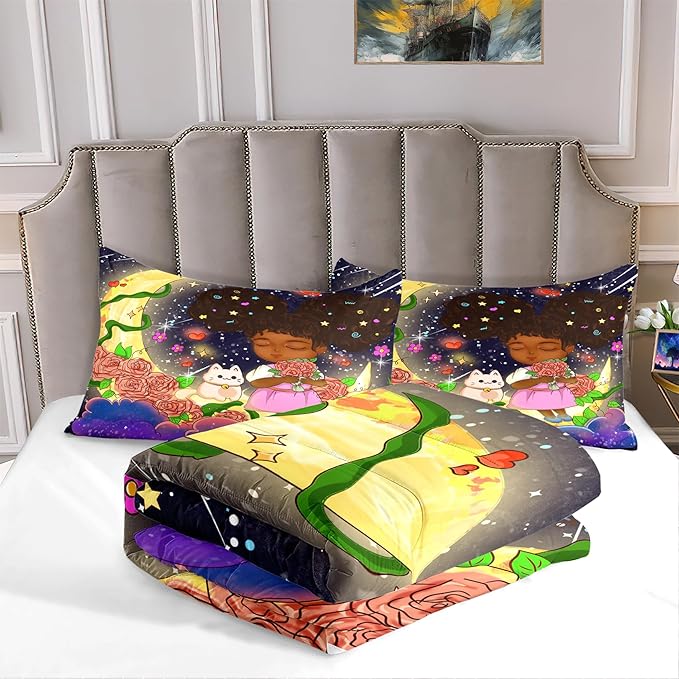Black Girl Comforter Set - 3 Piece Black Girls Twin Comforter Set for Girls, All-Season Breathable Black Girl Bedding Set for Girls Bedroom Decor with,Queen Size, 1 Comforter + 2 Pillowcases