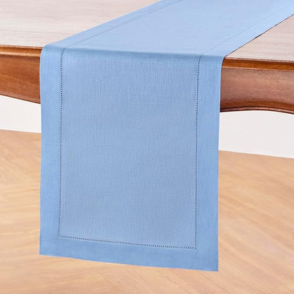 Solino Home Linen Cornflower Blue Hemstitch Table Runner 60 Inches - 100% Pure Linen Small Table Runner 14 x 60 Inch Ideal for Dresser and Coffee Tables - Classic Hemstitch