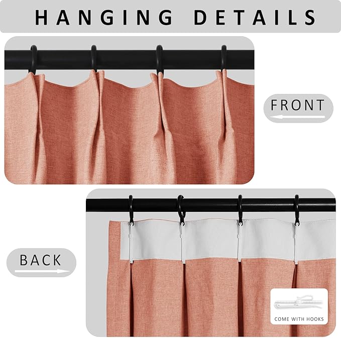 Macochico Pinch Pleated 100% Blackout Curtains Orange Linen Curtains for Bedroom Living Room Farmhouse Thermal Insulated Window Panels Pleated Curtains with Hooks and Tieback 52”Wx72”L 1 Panel