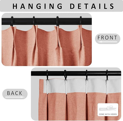 Macochico Pinch Pleated 100% Blackout Curtains Orange Linen Curtains for Bedroom Living Room Farmhouse Thermal Insulated Window Panels Pleated Curtains with Hooks and Tieback 52”Wx72”L 1 Panel