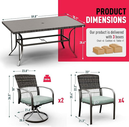 Pamapic 7 Piece Outdoor Dining Set, Rattan Outdoor Patio Furniture Set for Backyard with Iron Outdoor Dining Table, 4 Swivel Deck Chairs, 2 Wicker Chairs and Removable Cushions (Green)