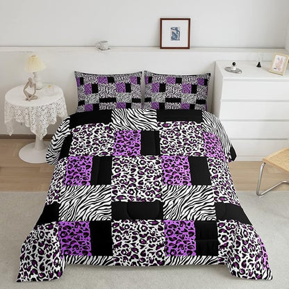 Erosebridal Girls Leopard Full Size Bedding Set Patchwork Black Purple Cheetah Print Comforter Set Women Black White Zebra Comforter Kids Wildlife Animal Bedding Quilt Soft Lightweight 2 Pillowcases