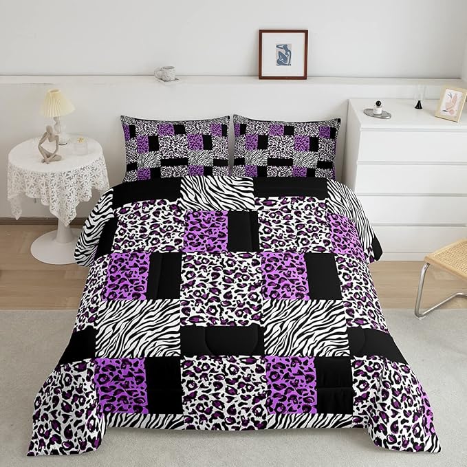 Erosebridal Patchwork Purple Cheetah Print Comforter Set Black White Zebra Bedding Set Queen for Teen Girls Women,Leopard Comforter Wild Animal Bedding Quilt with 2 Pillowcases Home Room Decor