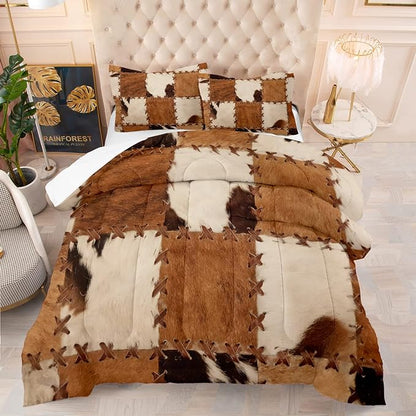 Tailor Shop Brown Cow Print Comforter Set King, Farmhouse Cow Print Bedding in A Bag, Leather Stitching Rustic Cowhide Comforter with 2 Matching Pillowcases Bedroom Decor……
