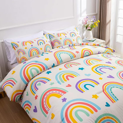 Btargot 3 Piece Kids Rainbow Comforter Set with 2 Pillow Covers, Cartoon Love Hearts Suns and Stars Bedding Set for Girls Boys Kids, Twin Beige