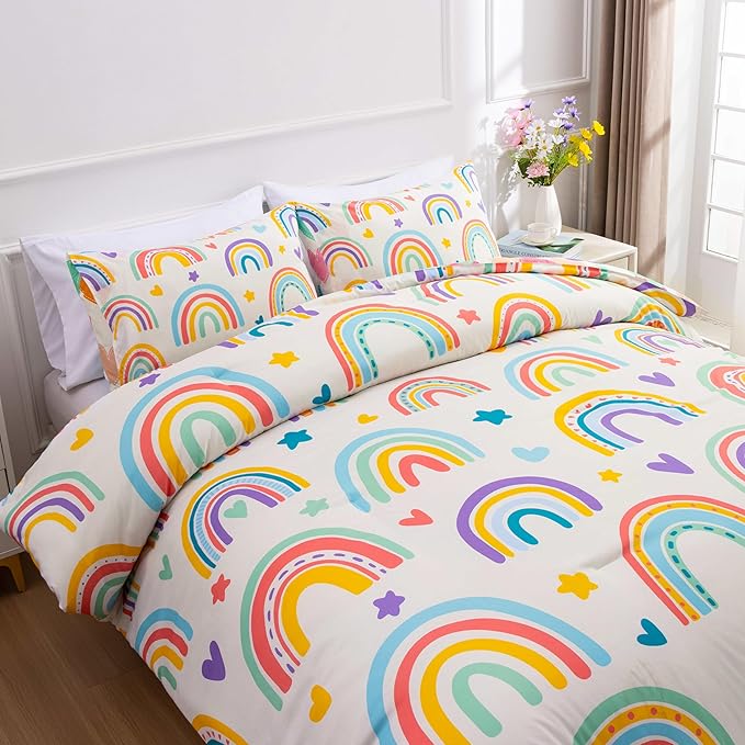 Btargot 3 Piece Kids Rainbow Comforter Set with 2 Pillow Covers, Cartoon Love Hearts Suns and Stars Bedding Set for Girls Boys Kids, Full Beige