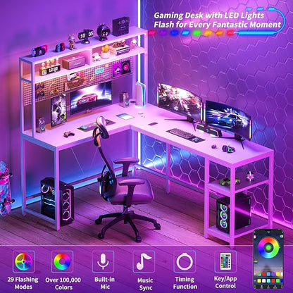 L Shaped Desk with Hutch & Pegboard - Reversible 67" L Shaped Gaming Desk with LED Lights, Corner Computer Desk with Storage Shelves, White