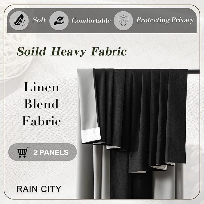 RAIN CITY Blackout Textured Curtains for Living Room Dining Room Linen Blend Black Out Curtains 2 Panels Set, Thermal Insulated Curtain Window Drapes 96 Inches Long
