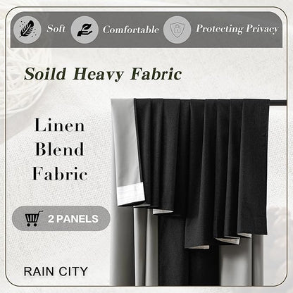 RAIN CITY Blackout Textured Curtains for Living Room Dining Room Linen Blend Black Out Curtains 2 Panels Set, Thermal Insulated Curtain Window Drapes 96 Inches Long