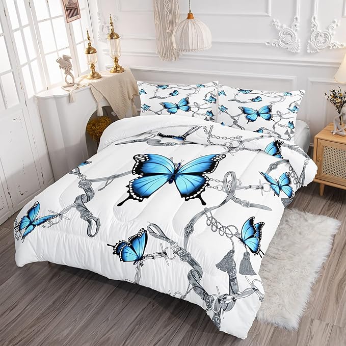 CVHOUSE Butterfly Bedding Set,Butterfly Comforter King,Butterfly Comforter Set for Girls Kids Teens,Butterflies Quilt Set with 1 Comforter and 2 Pillow Cases- 3 Piece