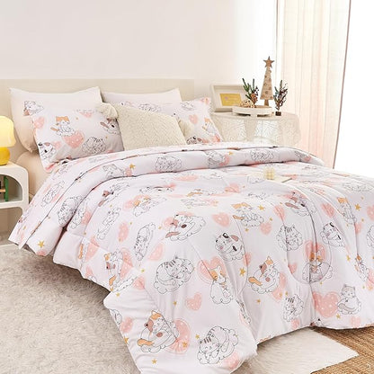 Cat Kids Comforter Set for Girls Twin, Cute Quilted Pink Heart Printed Bedding Set with Pillow Sham, Lightweight Soft Breathable Machine Washable Bed Set 2 Piece