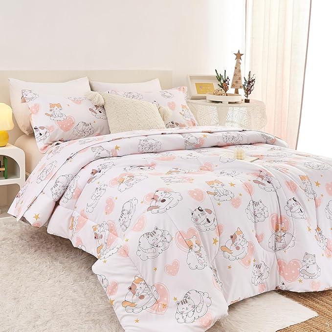 Cat Kids Comforter Set for Girls Full Size, Cute Quilted Pink Heart Printed Bedding Set with Pillow Sham, Lightweight Soft Breathable Machine Washable Bed Set 3 Piece