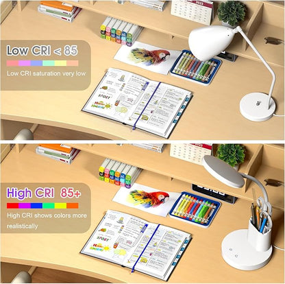 comzler Small Desk Lamp for Kids, LED Desk Lamps with Pen Phone Holder, White Desk Light for Home Office,8W 3 Modes Dimmable LED Desk Light for Kids, Desktop Study Lamps for Bedrooms