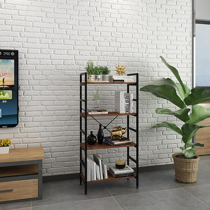 4 Tier Industrial Book Shelf,Modern Small Book Case for Books, Garage Kit, CDs, Movies, Standing BookShelves Display Rack for Bedroom/Living Room/Home Office - Rustic Brown Wood Bookcase