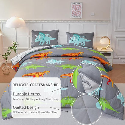 RYNGHIPY Dinosaur Kids Comforter Set Cartoon Dinosaur Bedding Sets for Boys 3 Pieces Queen Microfiber Comforter with Pillowcases Soft Lightweight (Dark Grey,Queen)