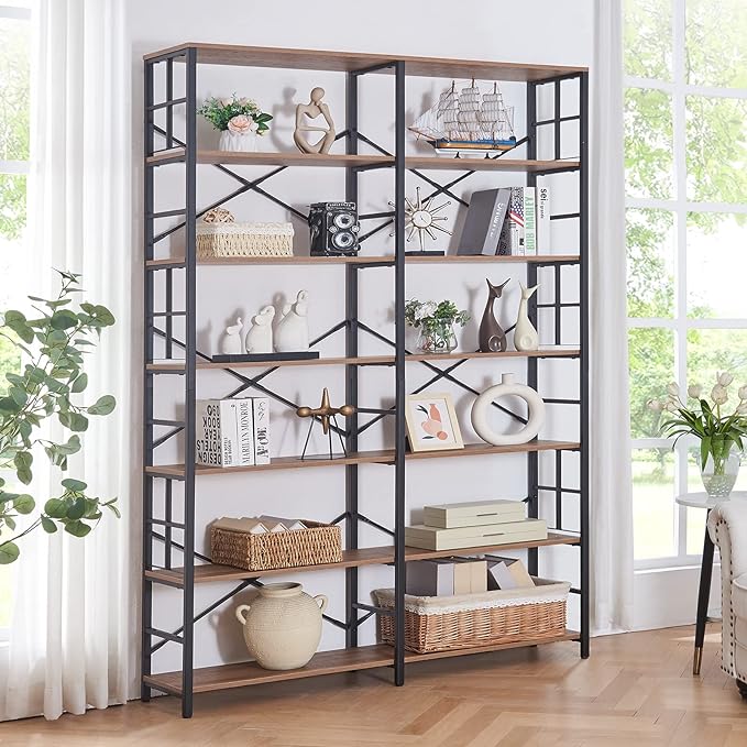 HOMISSUE Tall Bookshelf, 84" Bookshelves and Bookcases Double Wide 7-Tier Bookshelf, Tall Bookcase Wood Style and Metal Open Display Shelves for Living Room Home Office, Rustic Brown