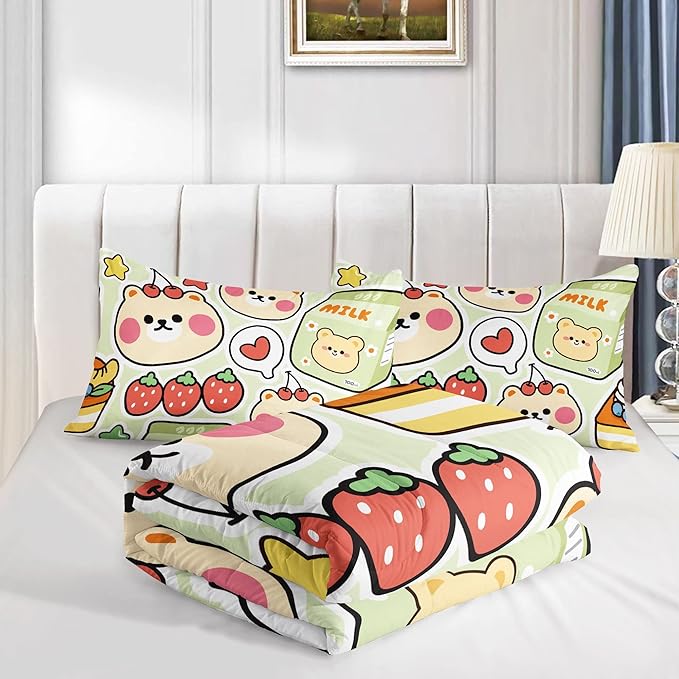 Datura home Kawaii Strawberry Bear Comforter Bedding Set for Kids Boys and Girls Teens,Cute Cartoon Fruit Print Light Green with 1 2 Pillowcases(Kawaii Full), Full 80x90inches