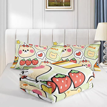 Datura home Kawaii Strawberry Bear Comforter Bedding Set for Kids Boys and Girls Teens,Cute Cartoon Fruit Print Light Green with 1 2 Pillowcases(Kawaii Full), Full 80x90inches