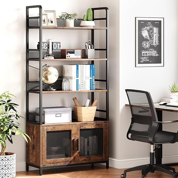 GAOMON Industrial Bookshelf with Doors 70.87" Tall Bookcase with 4 Tiers Open Storage Shelf Rustic Bookshelves Display Rack Cabinet Farmhouse Bookshelf for Bedroom, Living Room, Home Office, Brown