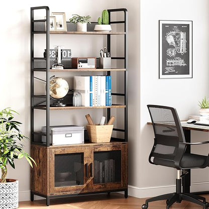 GAOMON Industrial Bookshelf with Doors 70.87" Tall Bookcase with 4 Tiers Open Storage Shelf Rustic Bookshelves Display Rack Cabinet Farmhouse Bookshelf for Bedroom, Living Room, Home Office, Brown